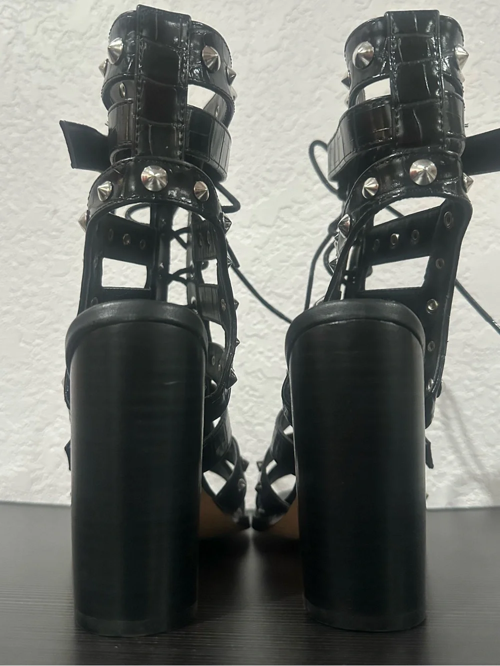 Fashion Nova Black Studded Cage Lace-Up Heels size 7.5